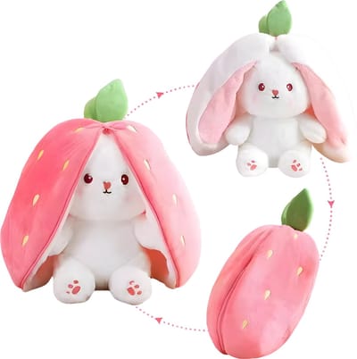 Teedz - Konijn - Knuffel - Pluche - Opvouwbaar - Aardbei - Met rits - Kleurrijk - Schattig - Decoratie - Speelgoed - Jongens - Meisjes