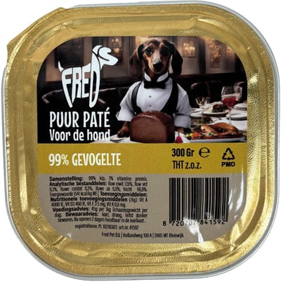 Hondenpaté Freds - Puur Gevogelte - Graanvrij, 9x300gr, 99% Vlees