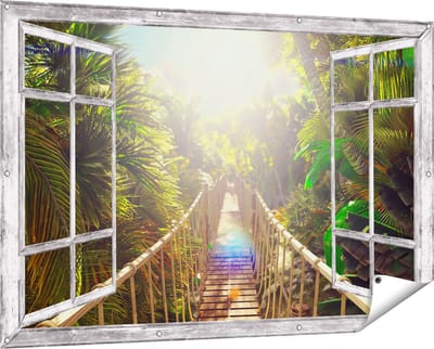 Gards Tuinposter Doorkijk Houten Brug in de Tropische Jungle - 150x100 cm - Tuindoek - Tuindecoratie - Wanddecoratie buiten - Tuinschilderij
