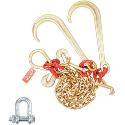VEVOR G80 V-snaar sleepketting, 3/8 inch x 2 voet sleepketting met 15 inch J-haak, T-haak en grijphaak, zware transport sleepketting met een veilige werklast van 7800 lbs voor het bergen van platte vrachtwagens