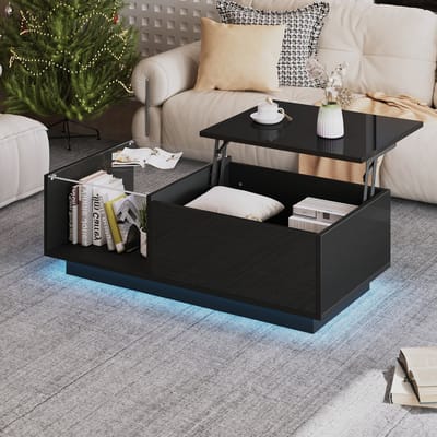 HAUSS SPOLE Salontafel - Verstelbare Hoogte Met RGB-LED - Met Verbergvak En Lade - Voor Eten En Werken - Spaanplaat - 100x50x33-46.5 cm - Zwart
