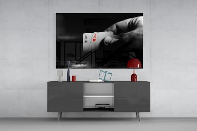 Glasschilderij – Pokerkaarten – Zwart Wit – Aas – Moderne Wanddecoratie – 72x46 cm