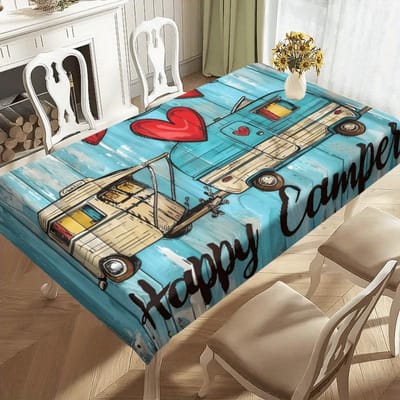 1 stuks Happy Camper Retro Camping Tafelkleed - Vintage Camperbus & Hartjes Ontwerp, Duurzame Tafelhoes voor Binnen/Buiten Gebruik 100x145cm blue