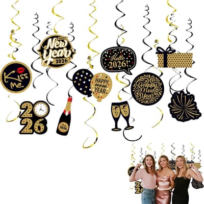 Dailygoods- Oudejaarsavond Decoratie 10-delig - Spiralen Zwart/Goud - Feestversiering - Nieuwjaarsversiering - Binnen/Buiten - Eenvoudig te installeren