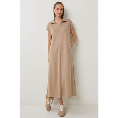 Polo-Kraag Pull-On Midi Jurk met Zak