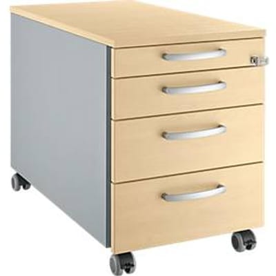 Verrijdbaar ladeblok 1233 - 4 laden – afsluitbaar - B 435 x D 765 x H 577 mm - ahorn en blank aluminium – ons merk Schäfer Shop Select