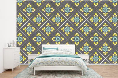 Behang - Fotobehang Design - Ruit - Bloemen - Grijs - Breedte 320 cm x hoogte 240 cm
