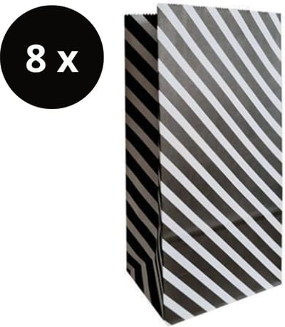 8 x Papieren XL Blokbodemzakjes | Traktatie Cadeau Grote Uitdeelzakjes | Zwart Wit Gestreept | Leuke Verpakking Cadeau | 14 x 8 x 26 cm