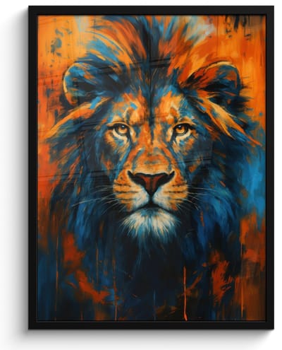 Poster in lijst - Fotolijst 50x70 cm - Posters - Schilderij - Leeuwenkop - Oranje - Posterlijst zwart - Decoratie - Wanddecoratie woonkamer - Muurdecoratie slaapkamer