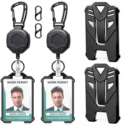 Fako Bijoux - 2x Robuuste Uittrekbare Sleutelhanger Met Koord En Kaarthouder Panter - Met Karabijnhaak En Badgehouder - Hexagon - 80 cm Stalen Koord - Heavy Duty Sleutelhanger - Stevige ID-Haspel Voor Werk En Evenementen - 2 Stuks