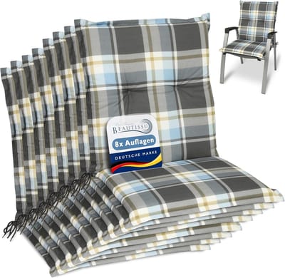 Beautissu Sunny BK – Set van 8 Tuinkussens Lage Rug 100x50 cm met UV-lichtechtheid Comfortabele Tuinstoel Zitkussen Blauw geruit
