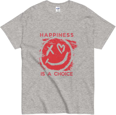 Grijs Tshirt met Rode Smiley en Tekst - Happiness is a Choice - Dames Heren - S