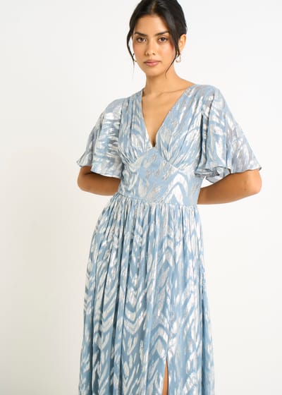 Blauwe metallic print maxi-jurk met korte mouwen