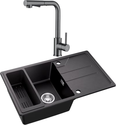 CECIPA max Granieten Spoelbak 78*45cm Zwart - Spoelbakken Keuken Met Keukenkraan Met Uittrekbare Uitloop - Spoelbak Met Planchet en Afvoermand - Spoelbakken Incl. Sifon en Afvoerzeefje