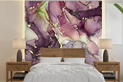 Behang - Fotobehang Marmer - Rood - Paars - Goud - Breedte 240 cm x hoogte 240 cm