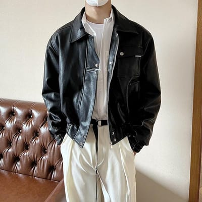 Automne Style Coréen Simple Veste en Cuir PU Noir Homme Rétro Beau Motard Décontracté XL noir