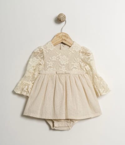 Baby Meisjes Romper Jurk Beige – Kant & Tule – Lange Mouwen – Maat 62 t/m 80