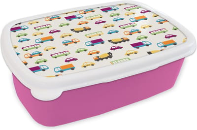 Broodtrommel Roze - Lunchbox - Brooddoos - Auto - Patronen - Voertuigen - 18x12x6 cm - Kinderen - Meisje