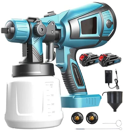 Draadloos verfspuitpistool 650W - 3 sproeiers + 2 accu's - 1000 ml reservoir voor muur, schutting en meer