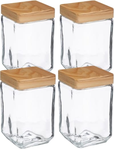 5Five voedsel/spullen voorraadpot - 4x stuks - Glas met houten deksel - 1250 ml - Met luchtdichte sluiting