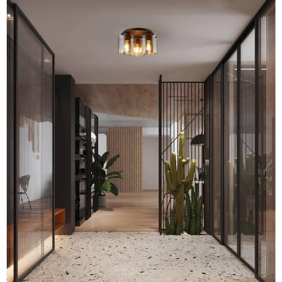 Searchlight Plafondlamp Zweden, 3-lamps, mokka/amber, staal, glas, E27