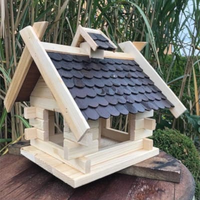 Rechthoekig Vogelvoederhuisje van Hout met Voederdispenser - Natuur/Kleur Donkerbruin en Rood