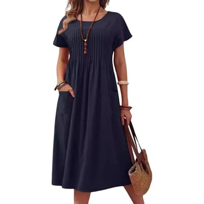 Dames Alledaagse Jurk Ronde Hals Korte Mouw Maxi Jurk met Zak Comfortabele Pasvorm Pasvorm Zomerjurk voor Kantoor Dagelijks Strandfeest M