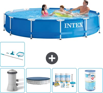 Intex Rond Frame Zwembad - 366 x 76 cm - Blauw - Inclusief Pomp - Afdekzeil - Onderhoudspakket - Filter - Schoonmaakset - 6-delig