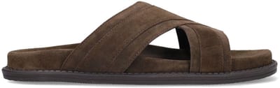 Manfield - Heren - Donkerbruine suède slippers - Maat 40