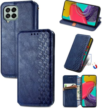 Luxe PU Lederen Ruitpatroon Wallet Case + PMMA Screenprotector voor Galaxy M53 _ Blauw