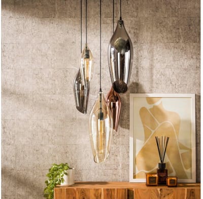 Hanglamp Cocoon 5 Lampen met Mix Glass Getrapt Design Eetkamer - Amberkleurig Rook en Chroom Glas - Cocoon Glass - Woonkamer - Eettafel - Slaapkamer - Hal - Sfeer Verlichting - In Hoogte Verstelbaar tot 200 cm