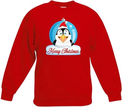 Kersttrui voor kinderen - Merry Christmas pinguin kerstbal - rood - jongens en meisjes - Kerstruien 98/104