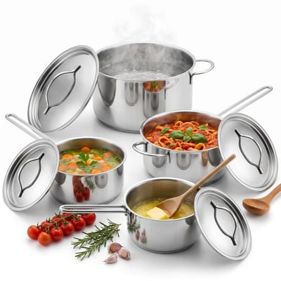 Cheqo® Pannenset Set van 7 - RVS Pannenset - Pannenset 7-Delig - Pannenset Inductie - Kookpannen Set - Pannenset met Deksel - Pannen Set met Steelpan en Kookpan - Roestvrij Staal - Geschikt voor Alle Warmtebronnen - Vaatwasserbestendig - Kookset