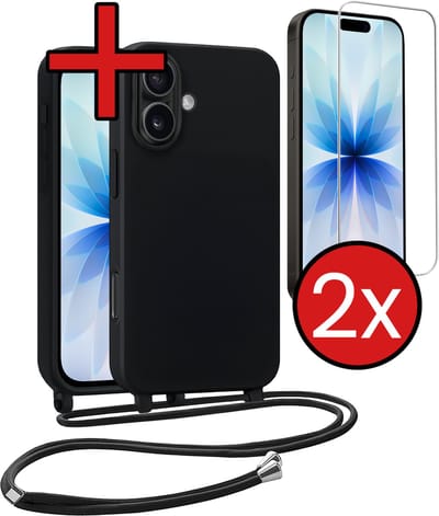Hoesje Geschikt voor iPhone 17 Hoesje Siliconen Case Met Koord Met 2x Screenprotector - Hoes Geschikt voor iPhone 17 Hoesje Backcover Met Telefoonkoord - Zwart