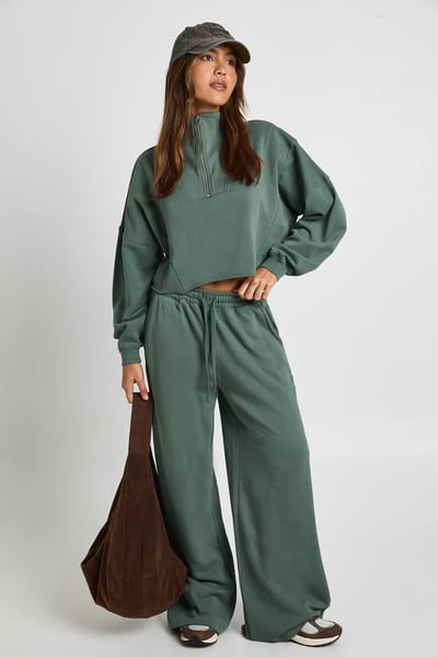 boohoo Dames Gewassen halfrits en rechte pijp jogger-tracksuit | Groente | Maat: XL