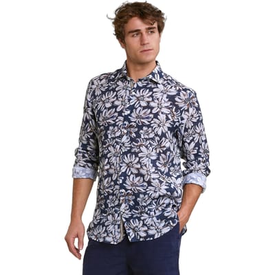 River Woods Custom Fit Linen Floral Shirt Brown/blue Size: L | Casual Shirts Outlet | Heren | Blauw