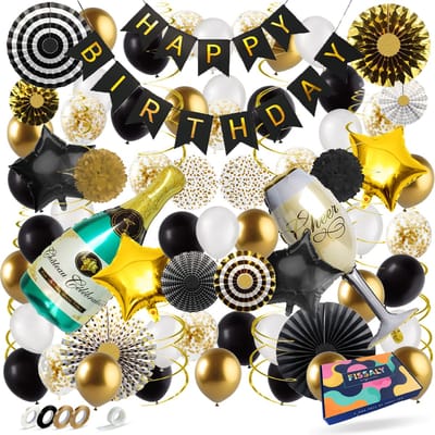 Fissaly 76 Stuks Goud, Zwart & Wit Decoratie Feestpakket met Papieren Confetti Ballonnen – Feest Versiering - Champagne - Geslaagd - Birthday - Helium – Latex - Happy New Year 2026 Versiering Pakket