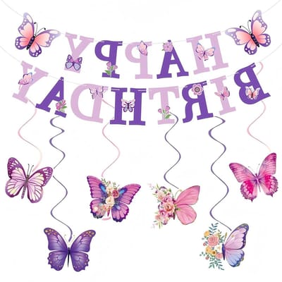 Torytoe Birthday Decoration Happy Birthday Banner Butterfly Hanging Spirals Birthday Garland Party Decoration Purple - ShopVlot