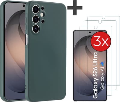 Hoesje geschikt voor Samsung Galaxy S26 Ultra hoesje zacht siliconen met 3 Stuks gehard glas Screenprotectors - Arara backcover - Pine Groen