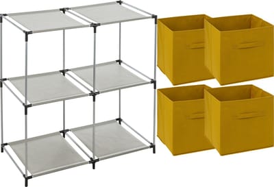 5Five Kastmandjes/opberg manden - mosterdgeel - 4x stuks van 29L - Metalen rekje is 68 x 68 cm