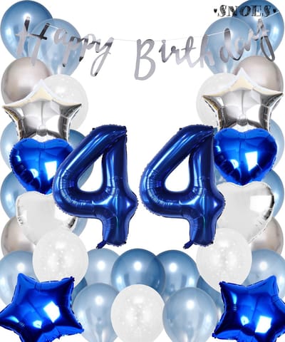 Snoes Ballonnen 44 Jaar Set Mega Blauw Zilver Ballon - Compleet Feestpakket Cijferballon 44 Jaar - Verjaardag Versiering Slinger Happy Birthday – Folieballon – Latex Ballonnen - Helium Ballonnen