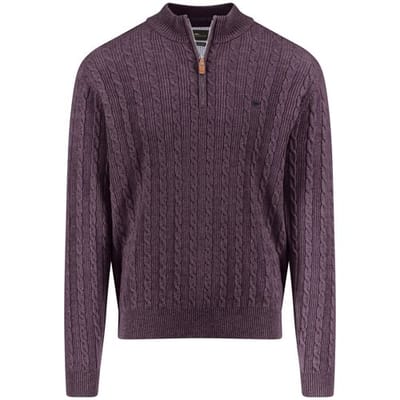 Fynch-Hatton Trui Troyer Zip Cable Knit Aubergine / male