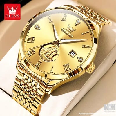 HO-6696.g : Olevs 3 master zeilschip, goudkleurig automatisch/mechanisch edelstaal heren horloge, 3BAR, tourbillon, luminiscerend