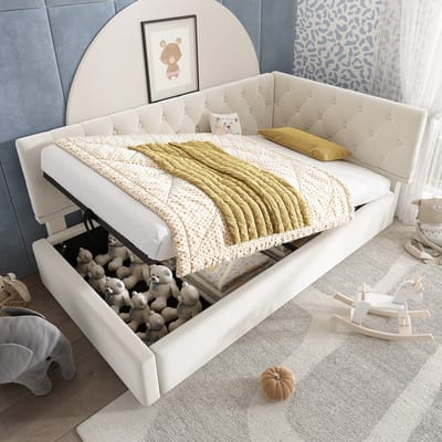 Sweiko Slaapbank - 90x200cm - met hydraulische opbergruimte - Velvet - zonder matras - Beige