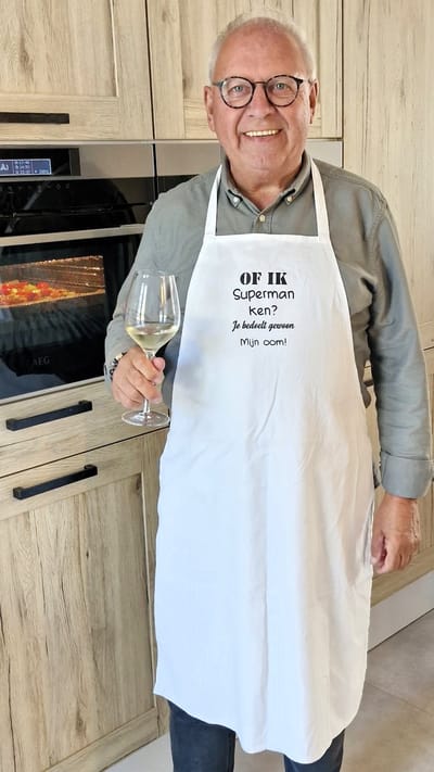 Keukenschort met grappige tekst bedrukt leuk cadeau super oom | katoenen Barbecueschort Keuken BBQ Schort Kookschort Kokschort | bedanken verjaardag broer