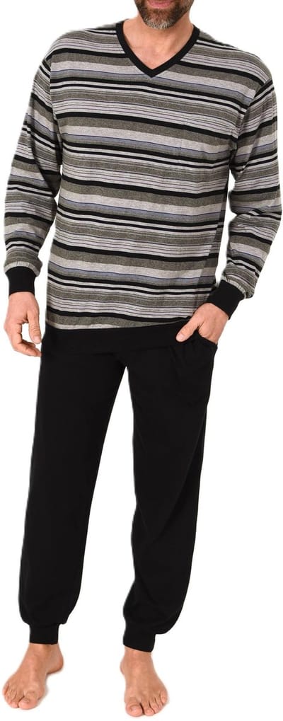 Lange Normann herenpyjama met manchetten in een gestreepte look - ook in grote maten