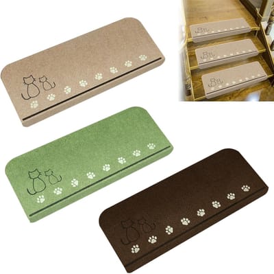 Antislipmatten - 3 stuks - Trapmat - 55×22×4,5 cm - Cartoonpatroon - Eenvoudig te installeren - Beschermmat voor houten trappen - Wasbaar - Herbruikbaar - Lichtgevend kattendesign - Groen, bruin, kaki