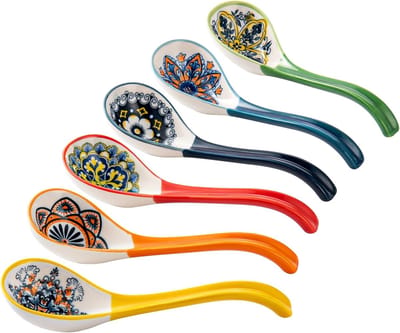 LEAD Soeplepel porselein, 16,5 cm ramenlepel voor soep, knoedels, rijst en Pho Wonton noedels. Kleurrijk, pak van 6 - Boheemse stijl
