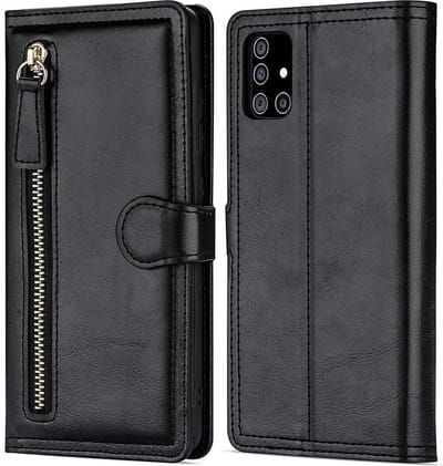 Hoesje geschikt voor Samsung Galaxy A02s Book case met ritssluiting van LuxeBass - Flipcover - Magnetisch - 5 kaarten houder - Zwart gsm hoesje - telefoonhoes - telefoonhoesjes
