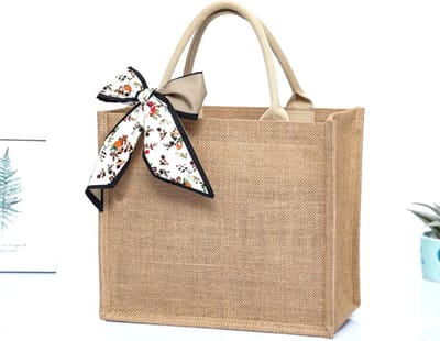 Duurzame Jute Tas, Waterdichte Jute Shopper met Grote Capaciteit, Retro Tote Bag voor Vrouwen met Zijden Sjaal